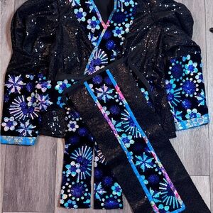 Hmong sequin Floral Women's Top - Black and Blue